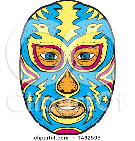 Clipart of a Blue and Yellow Eagle Luchador Face Mask, in Drawing Sketch Style - Royalty Free Vector Illustration by patrimonio