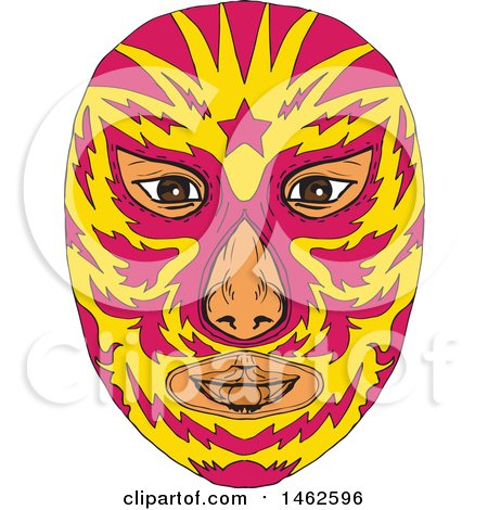 Clipart of a Pink and Yellow Luchador Face Mask, in Drawing Sketch Style - Royalty Free Vector Illustration by patrimonio