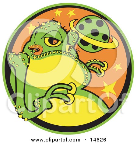 Big Fat Green Alien With A Yellow Belly And Yellow Suction Fingers, Licking His Lips Clipart Illustration by Andy Nortnik