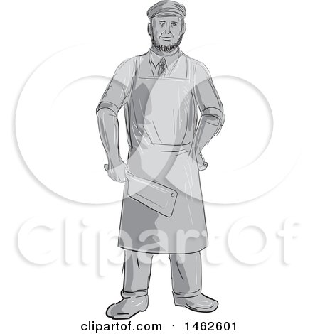 Clipart of a Grayscale Butcher Holding a Cleaver Knife, in Drawing Sketch Style - Royalty Free Vector Illustration by patrimonio