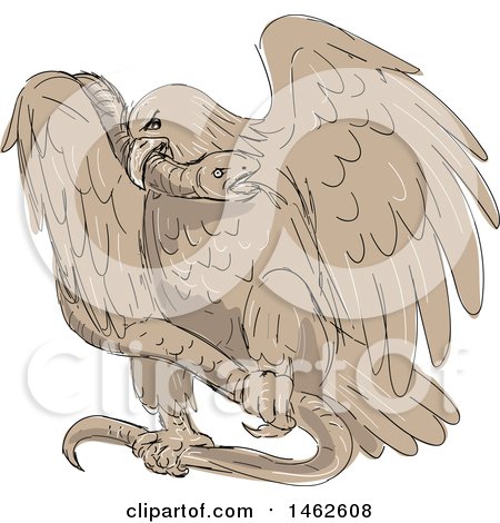 Clipart of a Serpent in the Clutches of an Eagle, in Drawing Sketch Style - Royalty Free Vector Illustration by patrimonio