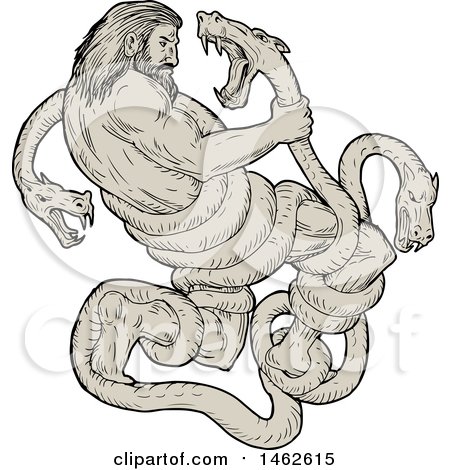 Clipart of a Scene of Hercules Fighting Lernaean Hydra, in Drawing Sketch Style - Royalty Free Vector Illustration by patrimonio