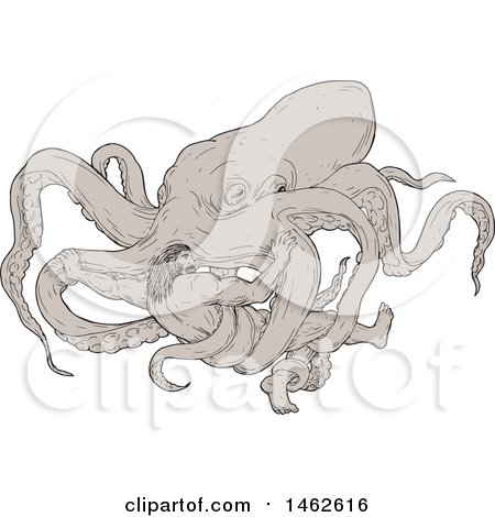 Clipart of a Scene of Hercules Fighting a Giant Octopus, in Drawing Sketch Style - Royalty Free Vector Illustration by patrimonio