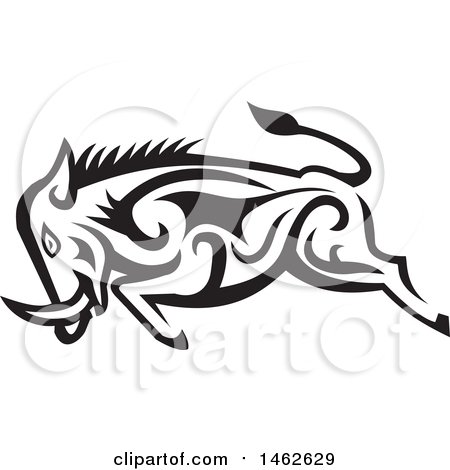 Clipart of a Tribal Boar Charging in Black and White - Royalty Free Vector Illustration by patrimonio