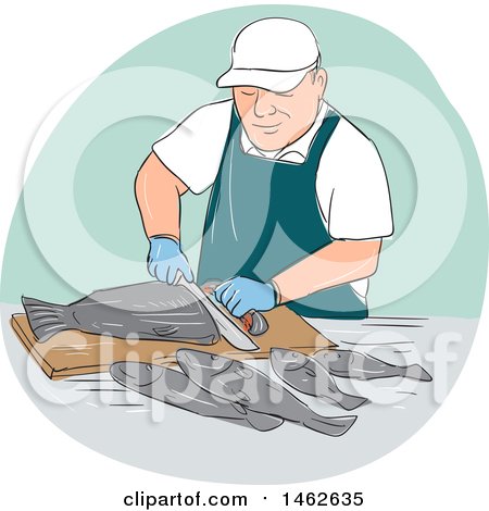 Clipart Of A male fishmonger cutting fish in an oval, in drawing sketch style - Royalty Free Vector Illustration by patrimonio