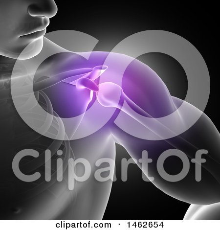 Clipart of a 3d Man with Glowing Purple Shoulder Joint on Gray - Royalty Free Illustration by KJ Pargeter
