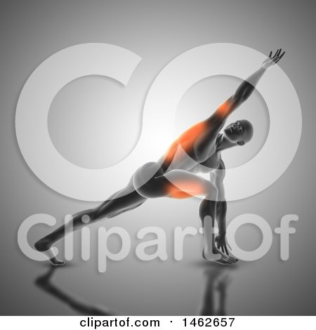 Clipart of a 3d Man with Glowing Muscles Used in Revolved Side Angle Pose, on Gray - Royalty Free Illustration by KJ Pargeter