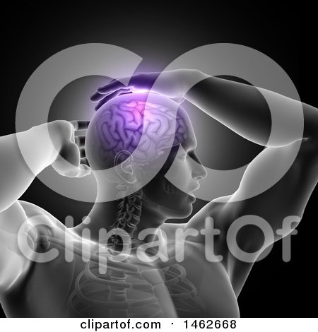 Clipart of a 3d Man with Glowing Purple Brain, on Gray - Royalty Free Illustration by KJ Pargeter