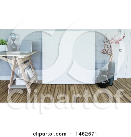 Clipart of a 3d Large Blank Canvas Leaning Against a Wall in a Room - Royalty Free Illustration by KJ Pargeter