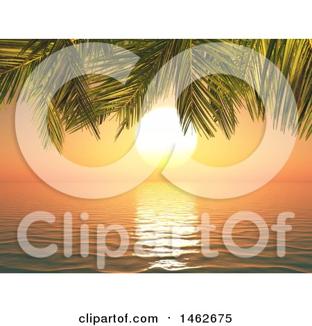 Clipart of a 3d Ocean Sunset with Palm Tree Branches - Royalty Free Illustration by KJ Pargeter