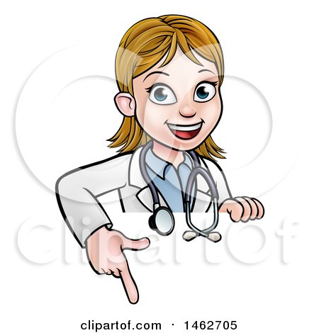 Clipart of a Cartoon Friendly White Female Doctor Pointing down over a Sign - Royalty Free Vector Illustration by AtStockIllustration