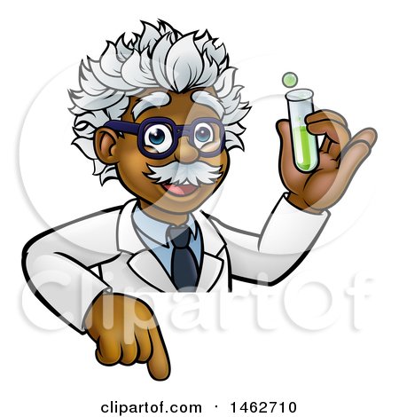 Clipart of a Cartoon Black Male Scientist Pointing down and Holding a Test Tube over a Sign - Royalty Free Vector Illustration by AtStockIllustration