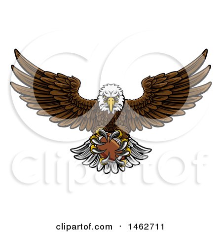 Clipart of a Cartoon Swooping American Bald Eagle with a Football in His Talons - Royalty Free Vector Illustration by AtStockIllustration