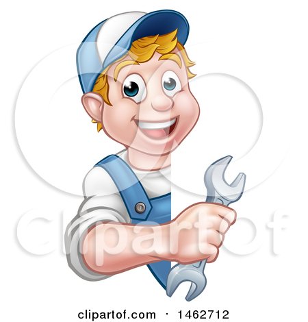 Clipart of a Cartoon Happy White Male Worker Holding a Spanner Wrench Around a Sign - Royalty Free Vector Illustration by AtStockIllustration
