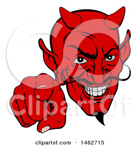 Clipart of a Grinning Evil Red Devil Pointing Outwards - Royalty Free Vector Illustration by AtStockIllustration