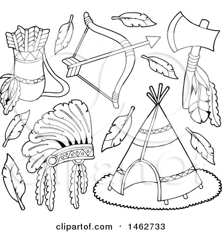 Clipart of Black and White Native American Arrows, Bow, Tomahawk, Headdress and Teepee - Royalty Free Vector Illustration by visekart