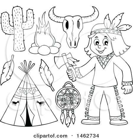 Clipart of a Black and White Native American Boy Holding an Axe and Other Items - Royalty Free Vector Illustration by visekart