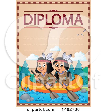 Clipart of a Diploma with Native Americans Paddling a Boat - Royalty Free Vector Illustration by visekart