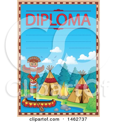 Clipart of a Diploma with a Native American Camp - Royalty Free Vector Illustration by visekart