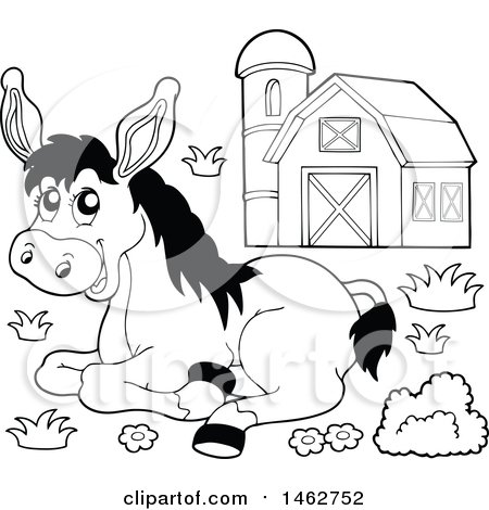 Clipart of a Black and White Happy Donkey Resting near a Barn - Royalty Free Vector Illustration by visekart