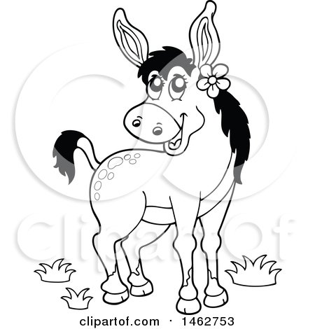 Clipart of a Black and White Happy Donkey Wearing a Flower - Royalty Free Vector Illustration by visekart