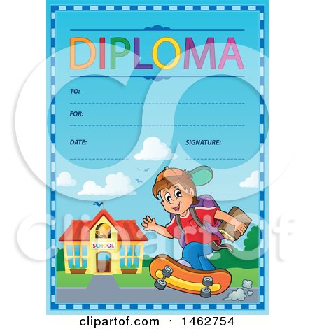Clipart of a Diploma of a Boy Skateboarding to School - Royalty Free Vector Illustration by visekart