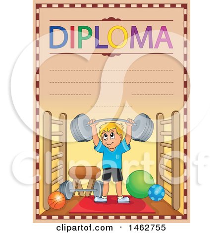 Clipart of a Diploma of a Boy Playing Lifting Weights in a Gym - Royalty Free Vector Illustration by visekart