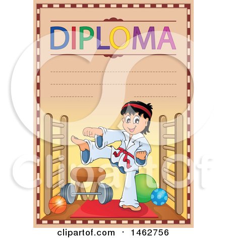 Clipart of a Diploma of a Boy Doing Karate in a Gym - Royalty Free Vector Illustration by visekart