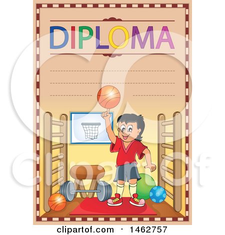 Clipart of a Diploma of a Boy Playing Basketball in a Gym - Royalty Free Vector Illustration by visekart