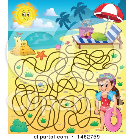 Clipart of a Maze of a Girl Holding an Inner Tube on a Beach - Royalty Free Vector Illustration by visekart