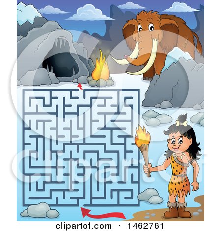 Clipart of a Maze of a Cavewoman, Cave and Mammoth - Royalty Free Vector Illustration by visekart