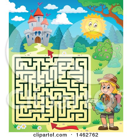 Clipart of a Maze of a Hiking Girl Reading a Map near a Castle - Royalty Free Vector Illustration by visekart