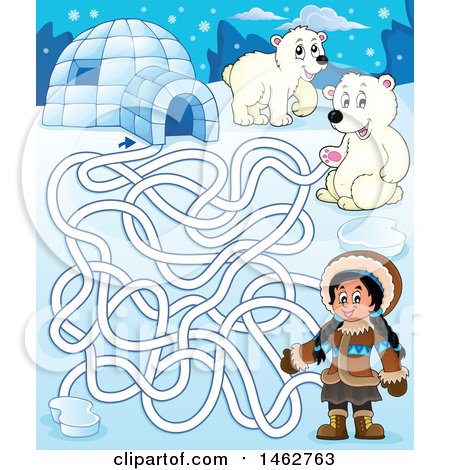 Clipart of a Maze of an Eskimo Girl, Polar Bears and Igloo - Royalty Free Vector Illustration by visekart