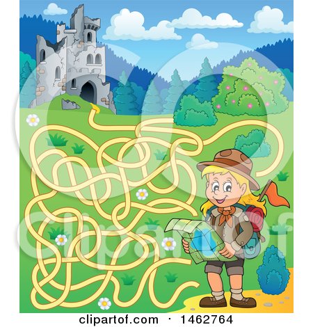 Clipart of a Maze of a Hiking Girl Reading a Map near Castle Ruins - Royalty Free Vector Illustration by visekart