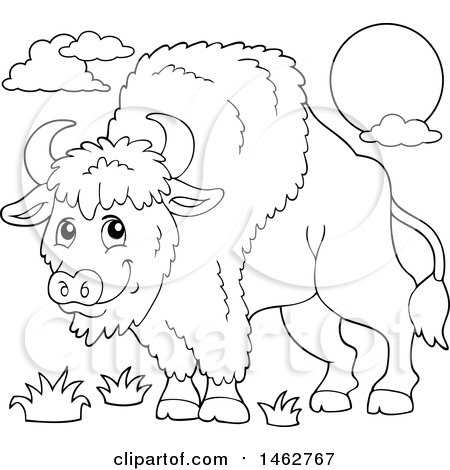 Clipart of a Black and White Happy Bison - Royalty Free Vector Illustration by visekart
