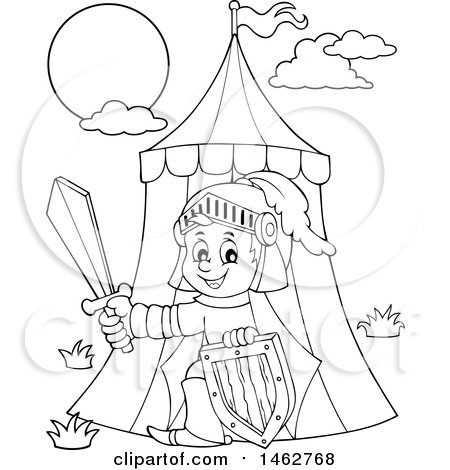 Clipart of a Black and White Knight Emerging from a Tent - Royalty Free Vector Illustration by visekart