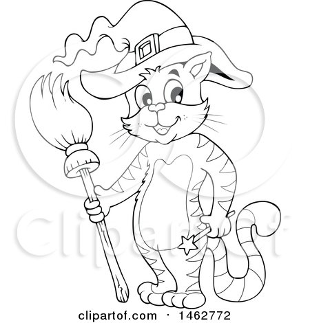 Clipart of a Black and White Witch Cat Holding a Broom - Royalty Free Vector Illustration by visekart