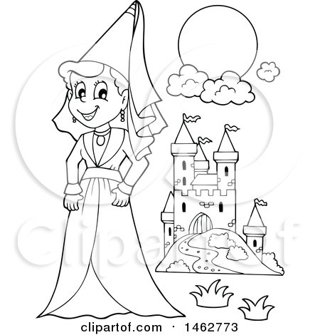 Clipart of a Black and White Princess and Castle - Royalty Free Vector Illustration by visekart