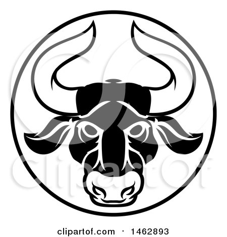 Clipart of a Black and White Zodiac Horoscope Astrology Taurus Bull Circle Design - Royalty Free Vector Illustration by AtStockIllustration