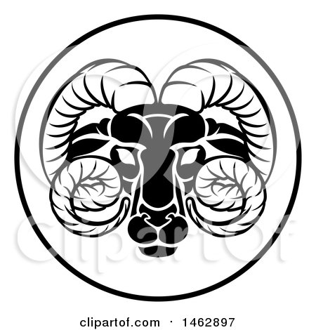 Clipart of a Black and White Zodiac Horoscope Astrology Aries Ram Circle Design - Royalty Free Vector Illustration by AtStockIllustration