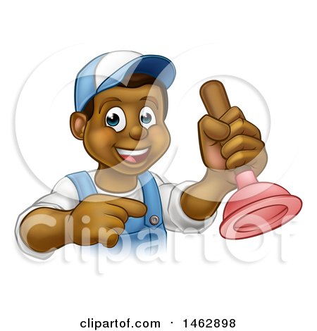Clipart of a Cartoon Happy Black Male Plumber Holding a Plunger and Pointing - Royalty Free Vector Illustration by AtStockIllustration