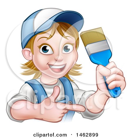 Clipart of a Cartoon Happy White Female Painter Holding up a Brush and Pointing - Royalty Free Vector Illustration by AtStockIllustration