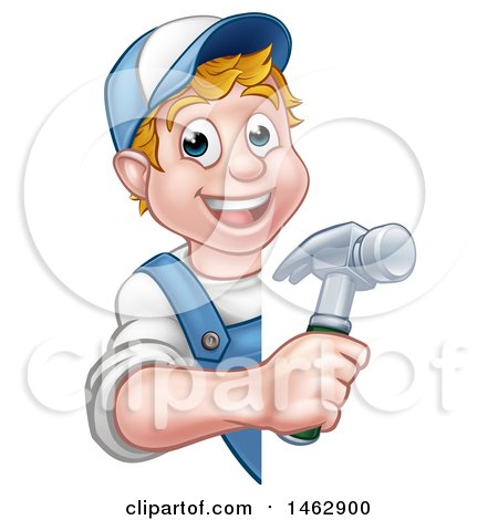 Clipart of a Cartoon Happy White Male Carpenter Holding a Hammer Around a Sign - Royalty Free Vector Illustration by AtStockIllustration