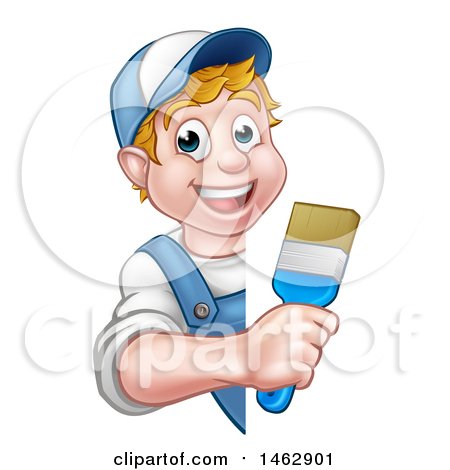 Clipart of a Cartoon Happy White Male Painter Holding up a Brush Around a Sign - Royalty Free Vector Illustration by AtStockIllustration