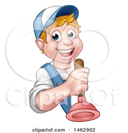Clipart of a Cartoon Happy White Male Plumber Holding a Plunger Around a Sign - Royalty Free Vector Illustration by AtStockIllustration