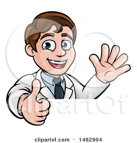 Clipart of a Happy White Male Scientist Waving and Giving a Thumb up over a Sign - Royalty Free Vector Illustration by AtStockIllustration