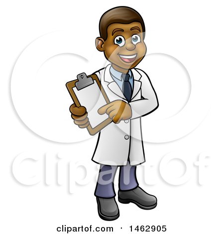 Clipart of a Happy Black Male Scientist Holding a Clipboard - Royalty Free Vector Illustration by AtStockIllustration