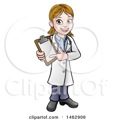Clipart of a Happy White Female Scientist Holding a Clipboard - Royalty Free Vector Illustration by AtStockIllustration