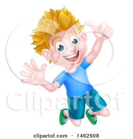 Clipart of a Cartoon Happy Excited Blond Caucasian Boy Jumping and Giving a Thumb up - Royalty Free Vector Illustration by AtStockIllustration