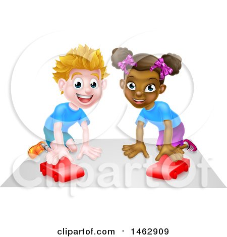 Clipart of a Happy White Boy and Black Girl Playing with Toy Cars - Royalty Free Vector Illustration by AtStockIllustration